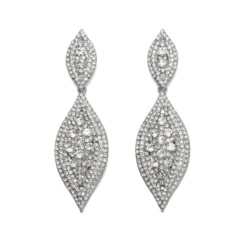 Flyonce Women's Rhinestone Crystal Wedding Bridal 2 Leaf Drop Dangle Large Long Chandelier Earrings Clear 3.3" - Image 1